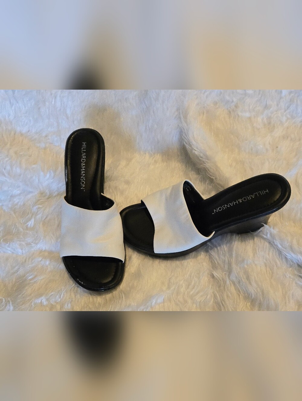Hillard & Hanson Vintage White Leather and Black Slide Mules Slip Ons Summer 8.5